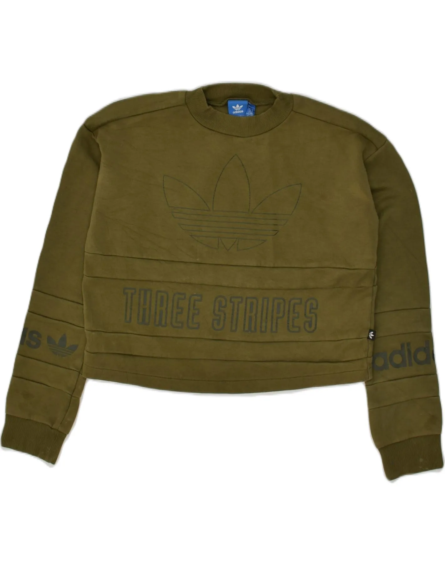 ADIDAS Womens Graphic Crop Sweatshirt Jumper UK 14 Medium Khaki Cotton