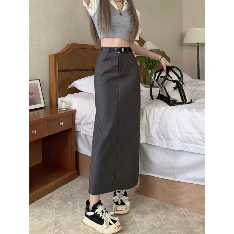 Aiertu business casual outfits Gray A- line Skirt for Women plus Size Chubby Girl High Waist Slimming Mid-Length Suit Skirt for Summer