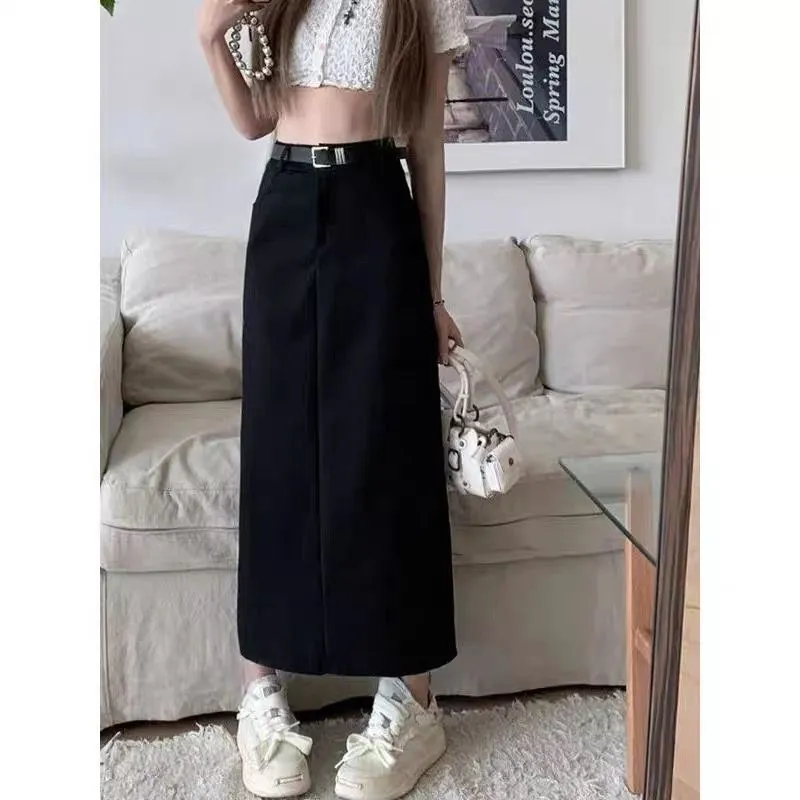 Aiertu business casual outfits Gray A- line Skirt for Women plus Size Chubby Girl High Waist Slimming Mid-Length Suit Skirt for Summer