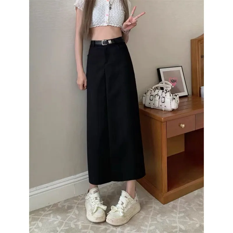 Aiertu business casual outfits Gray A- line Skirt for Women plus Size Chubby Girl High Waist Slimming Mid-Length Suit Skirt for Summer