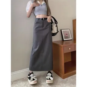 Aiertu business casual outfits Gray A- line Skirt for Women plus Size Chubby Girl High Waist Slimming Mid-Length Suit Skirt for Summer