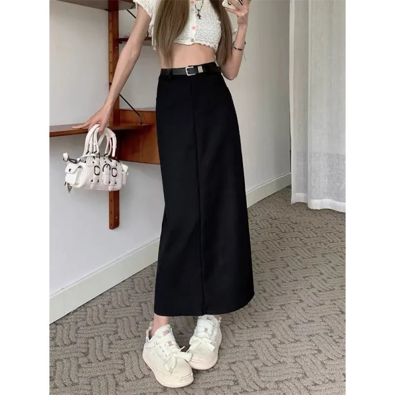 Aiertu business casual outfits Gray A- line Skirt for Women plus Size Chubby Girl High Waist Slimming Mid-Length Suit Skirt for Summer
