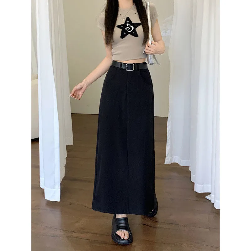 Aiertu business casual outfits Plus Size Skirt Women's Spring and Summer High Waist Slimming Retro Split A- line Skirt Mid-Length Skirt