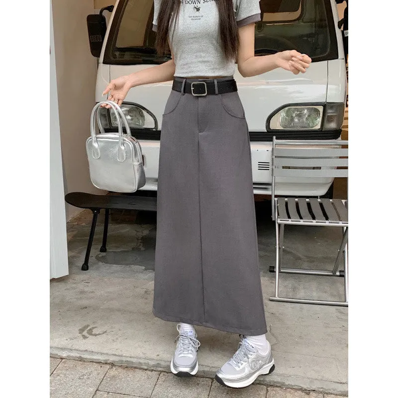Aiertu business casual outfits Plus Size Skirt Women's Spring and Summer High Waist Slimming Retro Split A- line Skirt Mid-Length Skirt