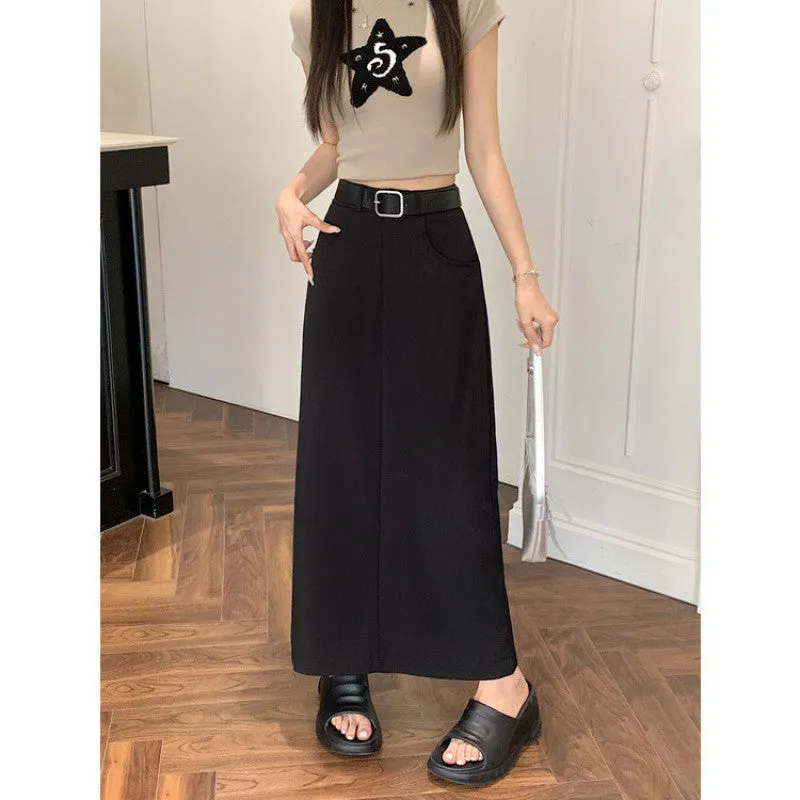Aiertu business casual outfits Plus Size Skirt Women's Spring and Summer High Waist Slimming Retro Split A- line Skirt Mid-Length Skirt
