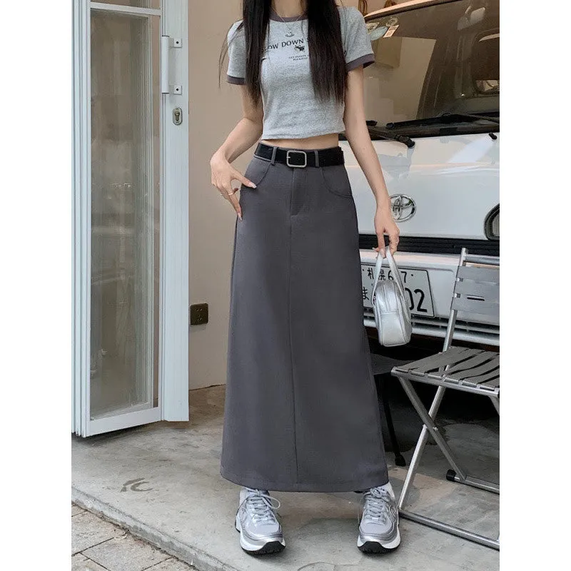 Aiertu business casual outfits Plus Size Skirt Women's Spring and Summer High Waist Slimming Retro Split A- line Skirt Mid-Length Skirt