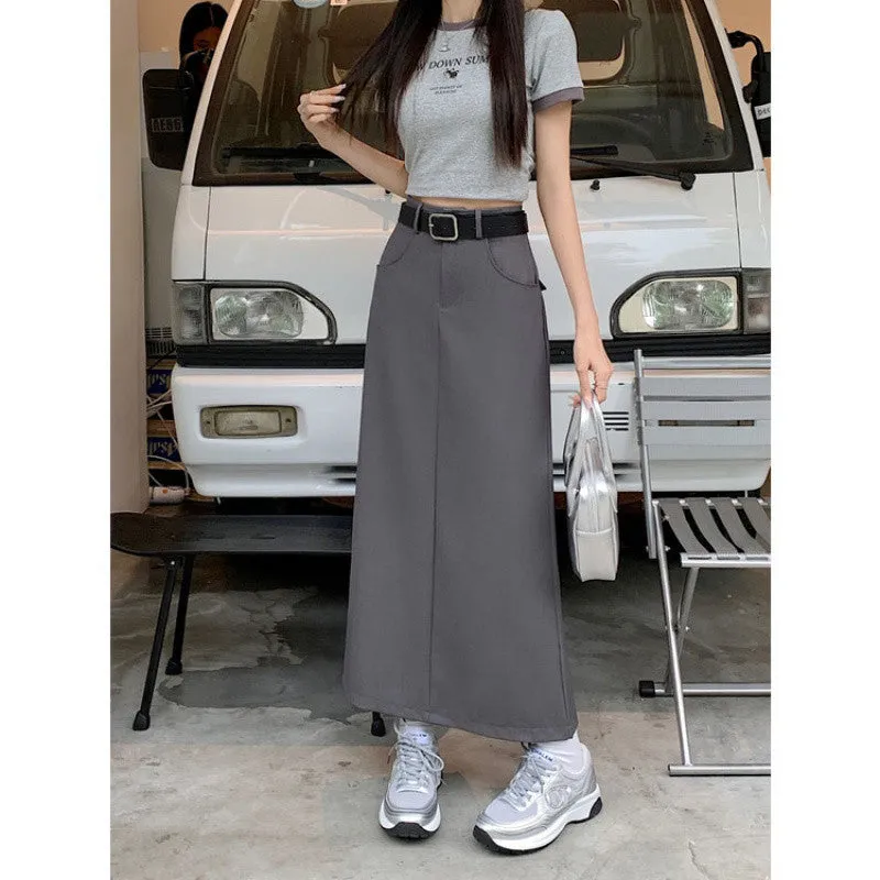 Aiertu business casual outfits Plus Size Skirt Women's Spring and Summer High Waist Slimming Retro Split A- line Skirt Mid-Length Skirt