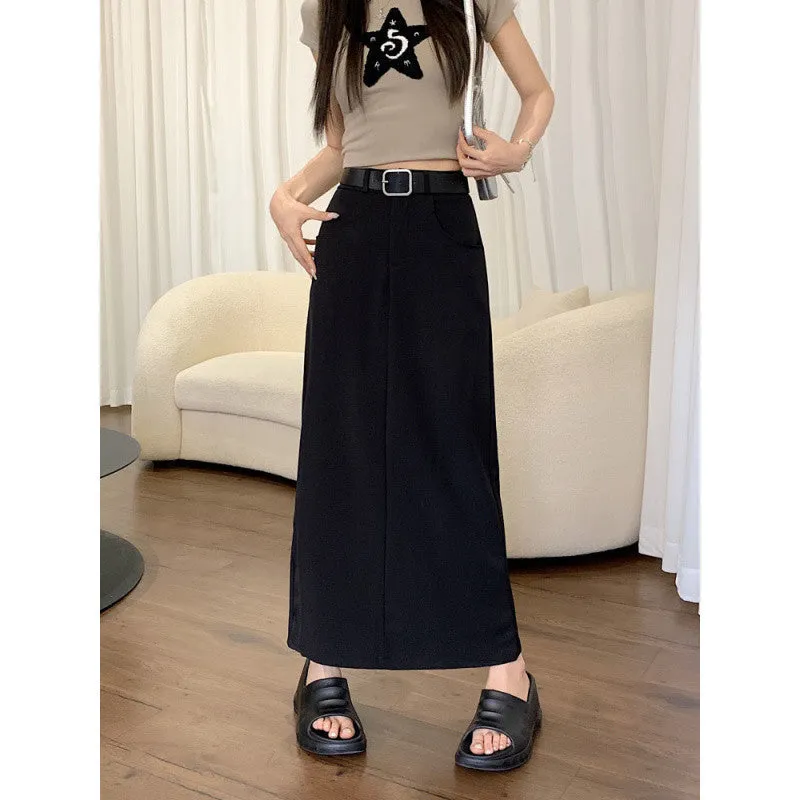 Aiertu business casual outfits Plus Size Skirt Women's Spring and Summer High Waist Slimming Retro Split A- line Skirt Mid-Length Skirt
