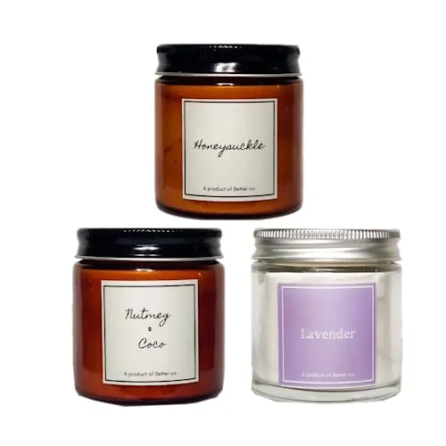 Better co Scented Soy Wax Amber Jar Candle Organic Luxury Aroma Burning Time Upto 20 Hours. Combo Pack of 3. Honeysuckle Lavender and Nutmeg   Coco.