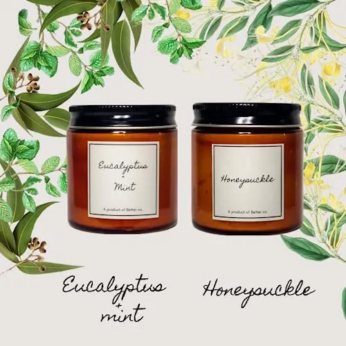 Better co Scented Soy Wax Amber Jar Candle Organic Luxury Aroma Burning Time Upto 20 Hours. Combo Pack of Honeysuckle and Eucalyptus   Mint