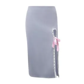 Bowknot slit lace hem denim zip-up hollow out irregular cut out midi skirt