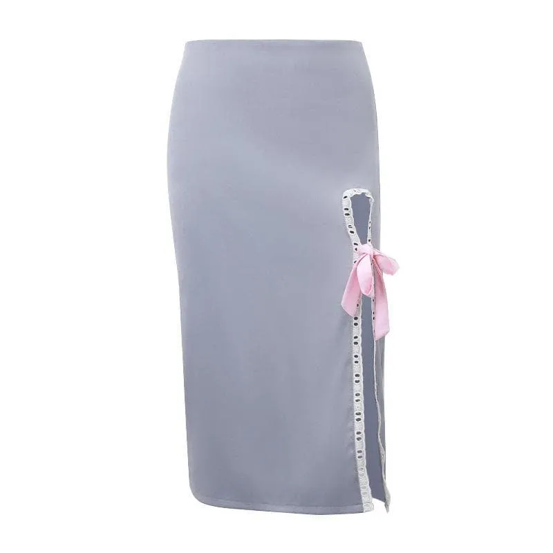 Bowknot slit lace hem denim zip-up hollow out irregular cut out midi skirt