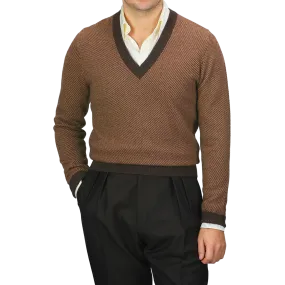 Camel Brown Striped Merino V-Neck Sweater