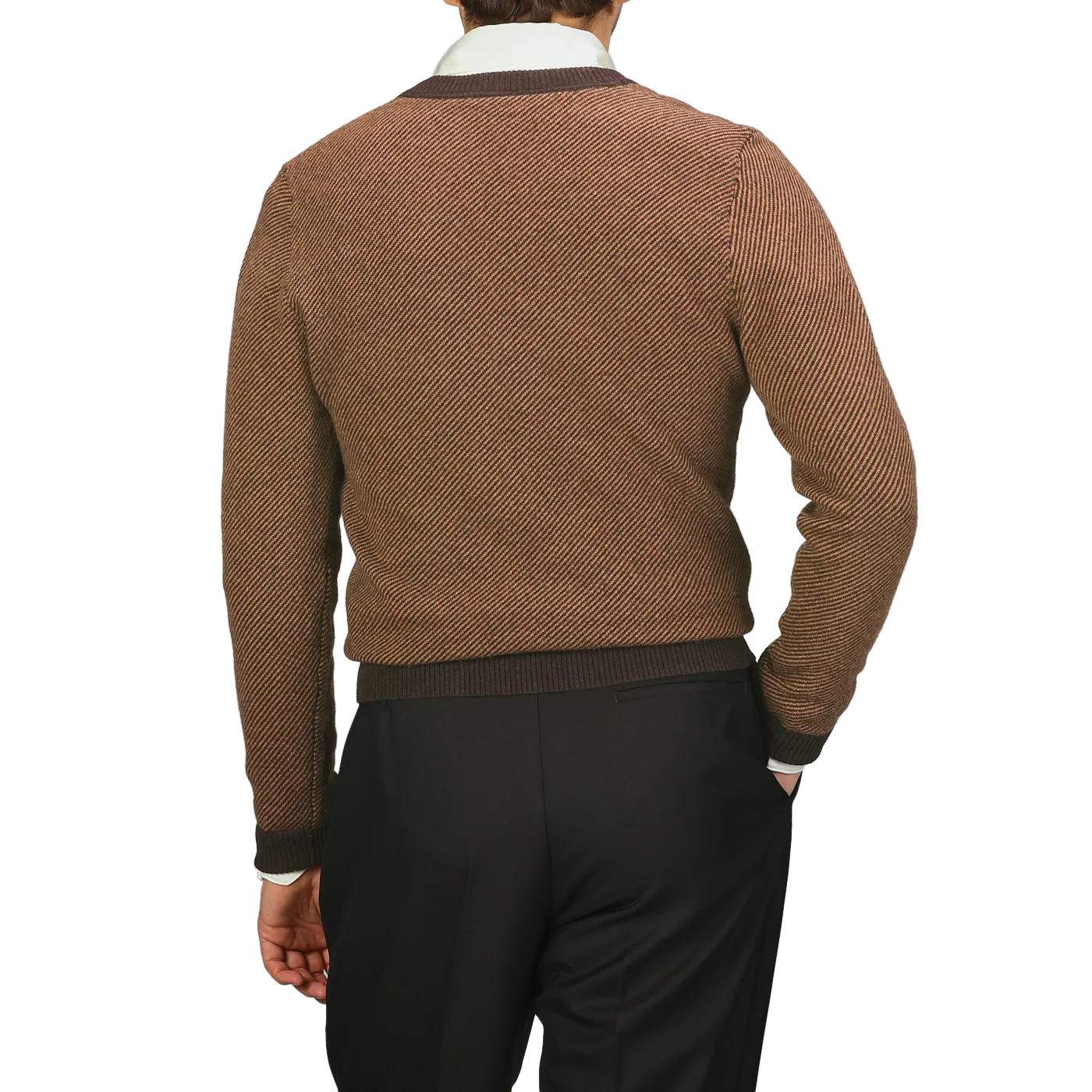 Camel Brown Striped Merino V-Neck Sweater