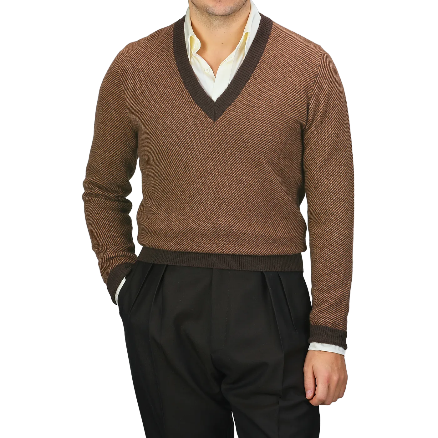Camel Brown Striped Merino V-Neck Sweater