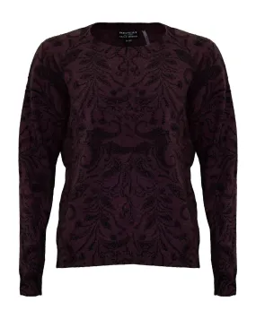 Cashmere Floral Design Crew Neck Sweater Burgundy