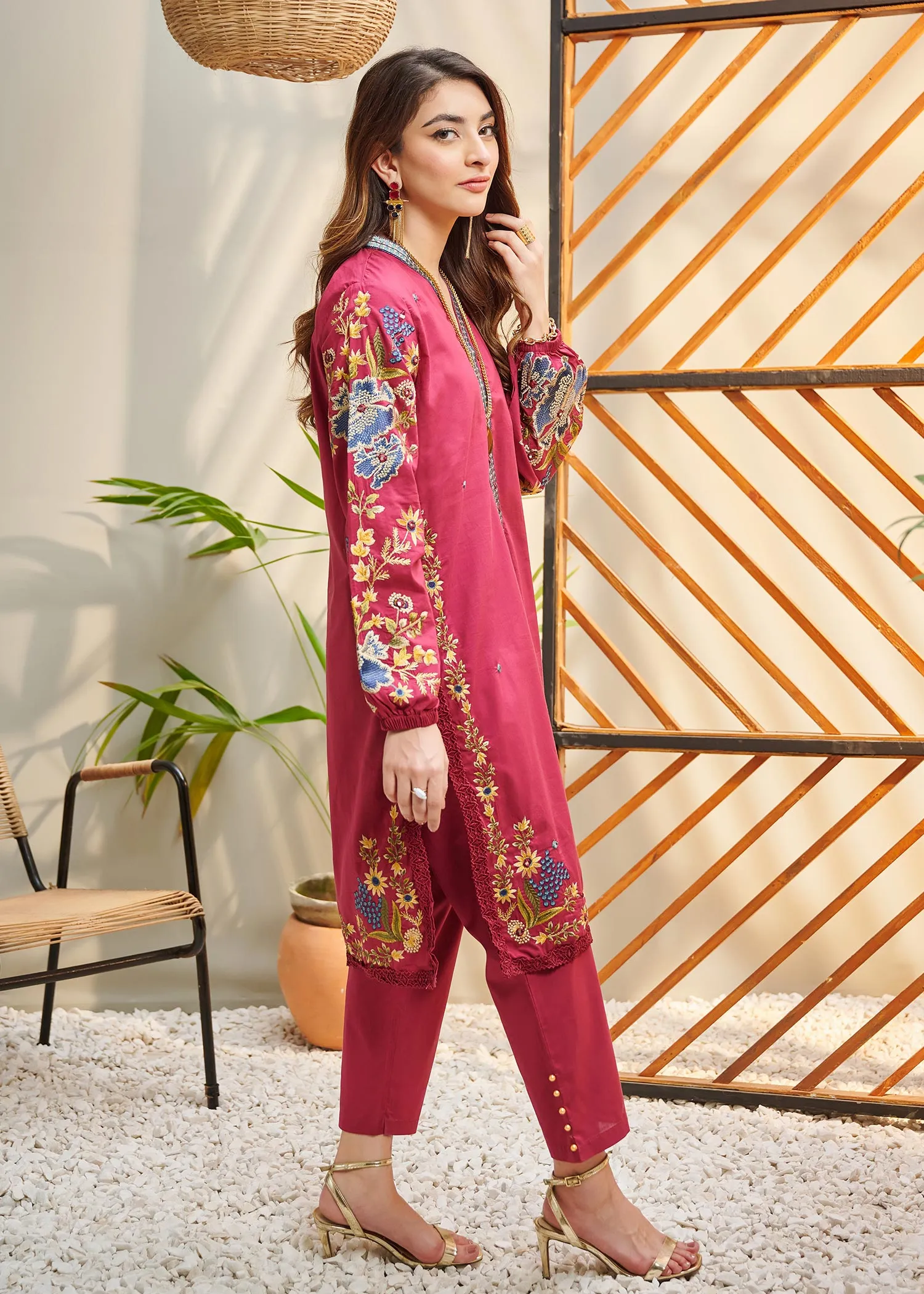 Dhanak - DC-2046 PINK 2PCS  EMBROIDERED KURTA WITH TROUSER (US-LWH)