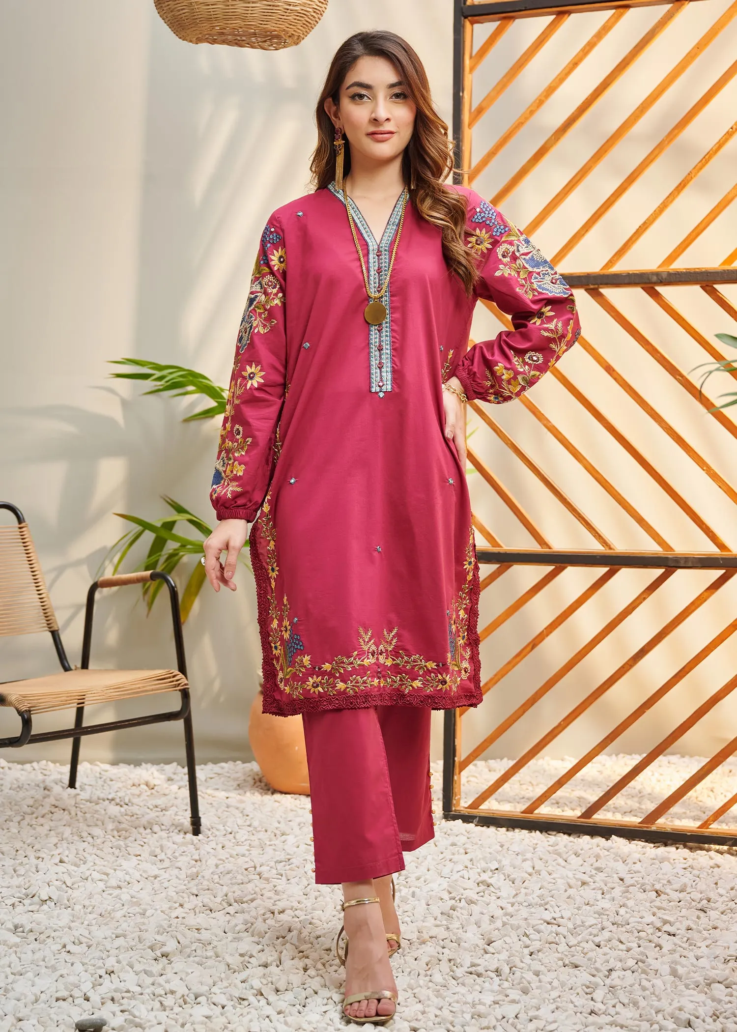 Dhanak - DC-2046 PINK 2PCS  EMBROIDERED KURTA WITH TROUSER (US-LWH)
