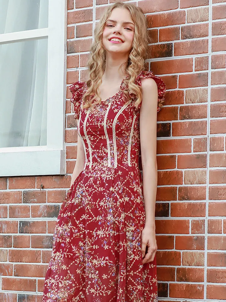 Elegant Nordic Style Flower Dress 2020 Summer				 							        							Vintage embroidered floral skirt