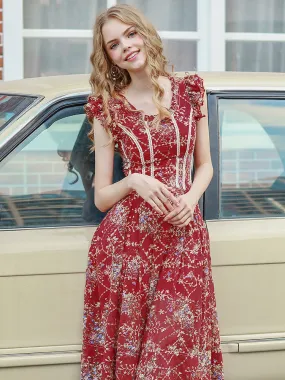 Elegant Nordic Style Flower Dress 2020 Summer				 							        							Vintage embroidered floral skirt