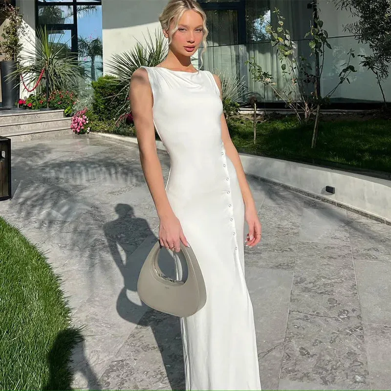 Elegant Solid Vestido Midi Dress with Knitted Sleeveless Slit