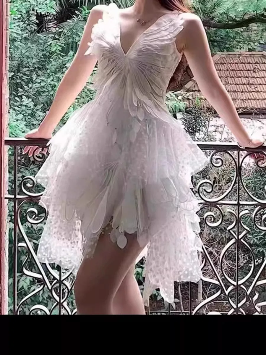 Fashionkova dress to impress outfits 2024 Summer White Feather Hollow V-neck Sling Dress