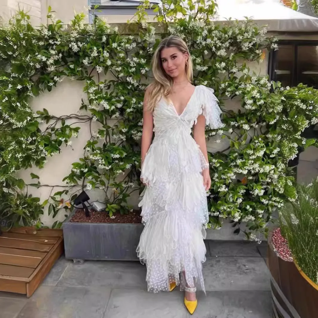 Fashionkova dress to impress outfits 2024 Summer White Feather Hollow V-neck Sling Dress