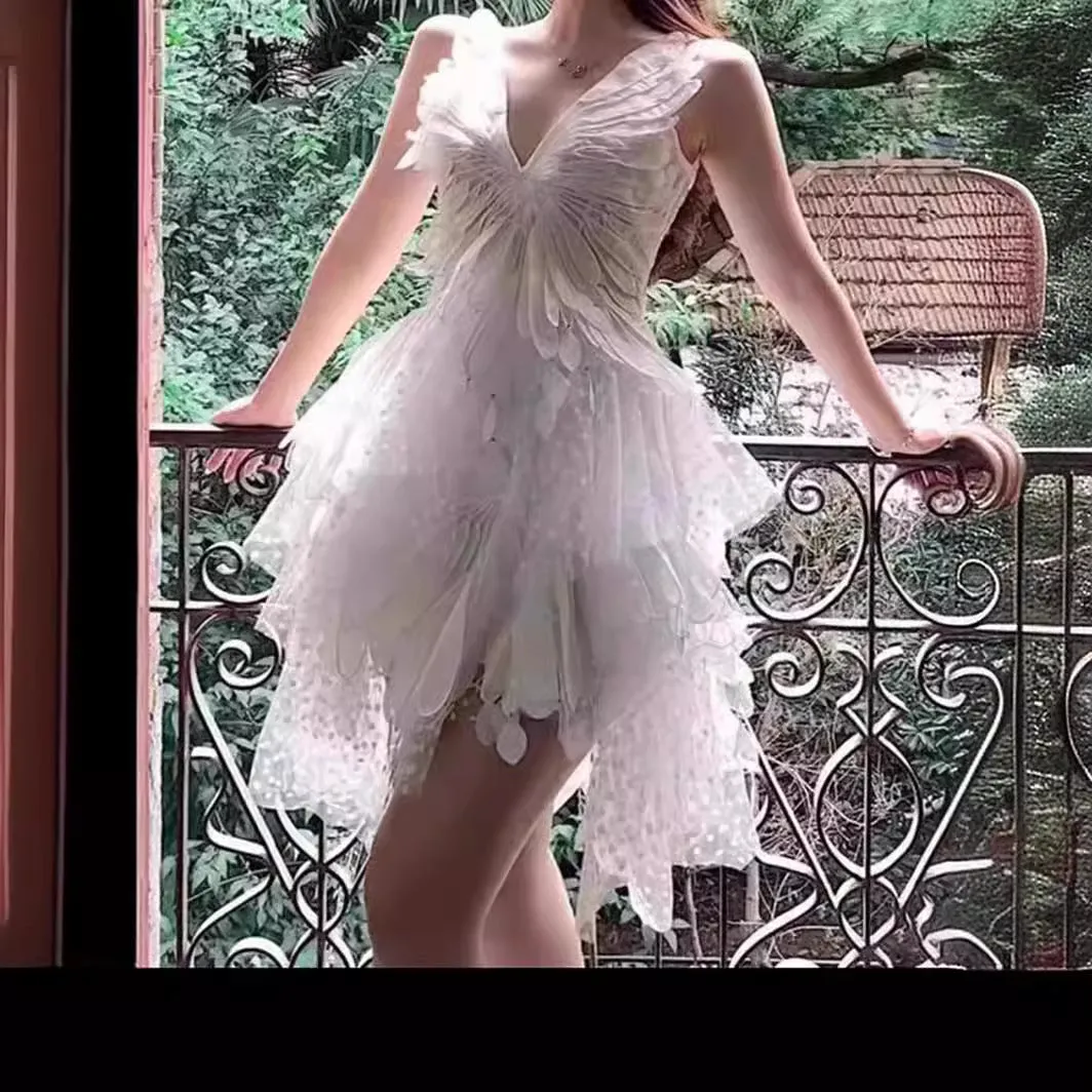 Fashionkova dress to impress outfits 2024 Summer White Feather Hollow V-neck Sling Dress