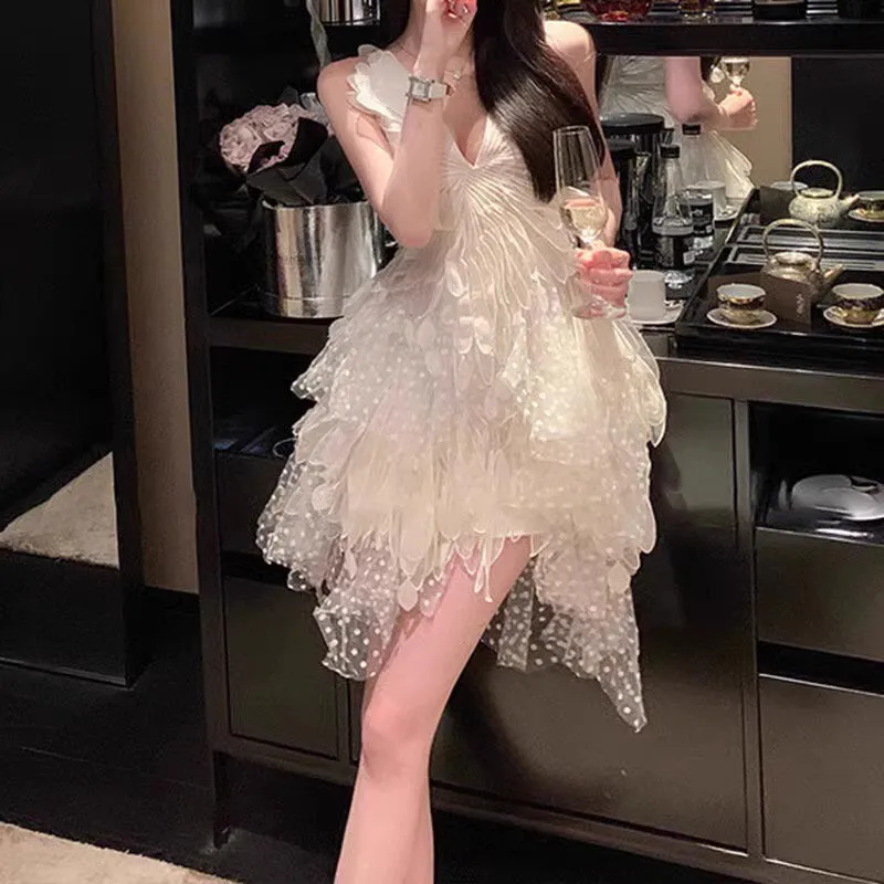 Fashionkova dress to impress outfits 2024 Summer White Feather Hollow V-neck Sling Dress