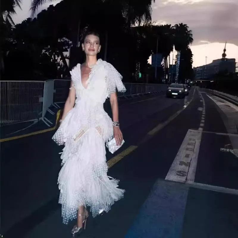 Fashionkova dress to impress outfits 2024 Summer White Feather Hollow V-neck Sling Dress