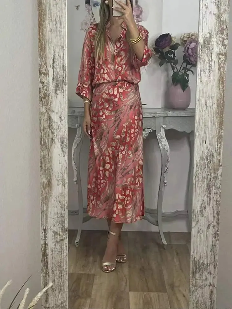 FLYTONN-Women Loose Print V-neck Short Sleeve Shirt 2pcs Set Lades Casual Elegant Midi Skirt Suits 2024 New Summer Women Fashion Outfits