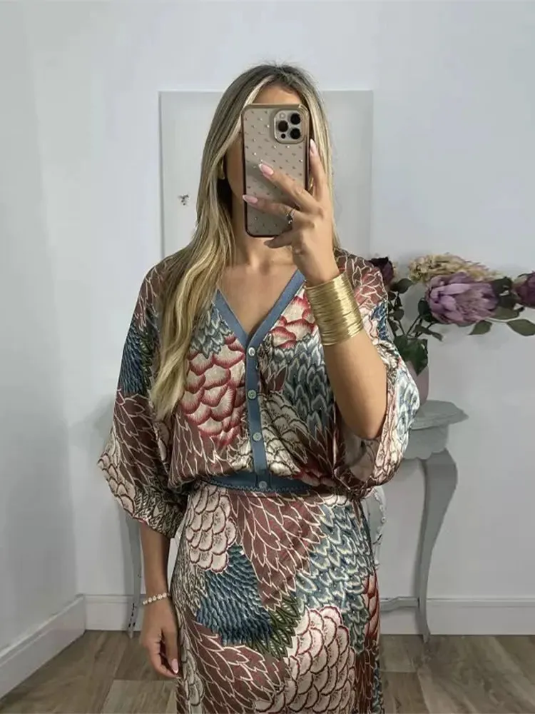 FLYTONN-Women Loose Print V-neck Short Sleeve Shirt 2pcs Set Lades Casual Elegant Midi Skirt Suits 2024 New Summer Women Fashion Outfits