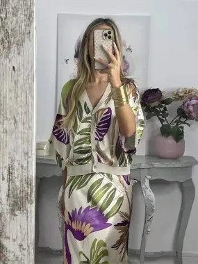 FLYTONN-Women Loose Print V-neck Short Sleeve Shirt 2pcs Set Lades Casual Elegant Midi Skirt Suits 2024 New Summer Women Fashion Outfits