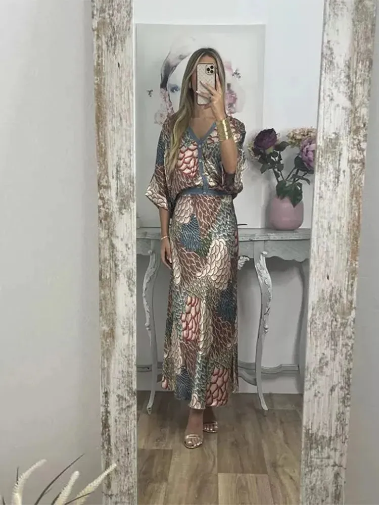 FLYTONN-Women Loose Print V-neck Short Sleeve Shirt 2pcs Set Lades Casual Elegant Midi Skirt Suits 2024 New Summer Women Fashion Outfits