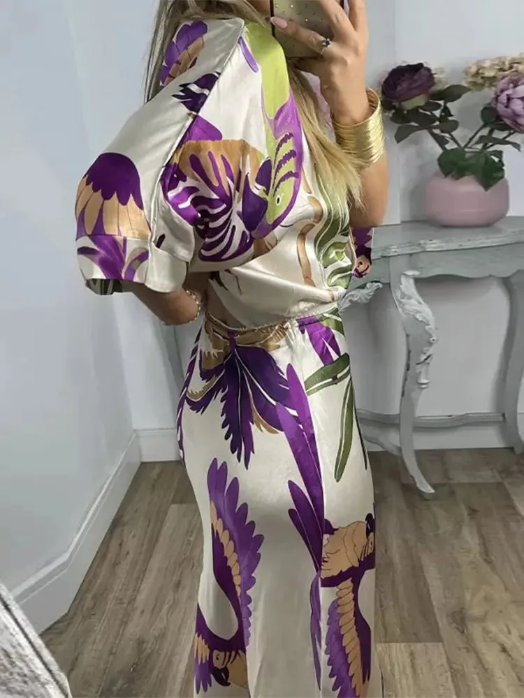 FLYTONN-Women Loose Print V-neck Short Sleeve Shirt 2pcs Set Lades Casual Elegant Midi Skirt Suits 2024 New Summer Women Fashion Outfits