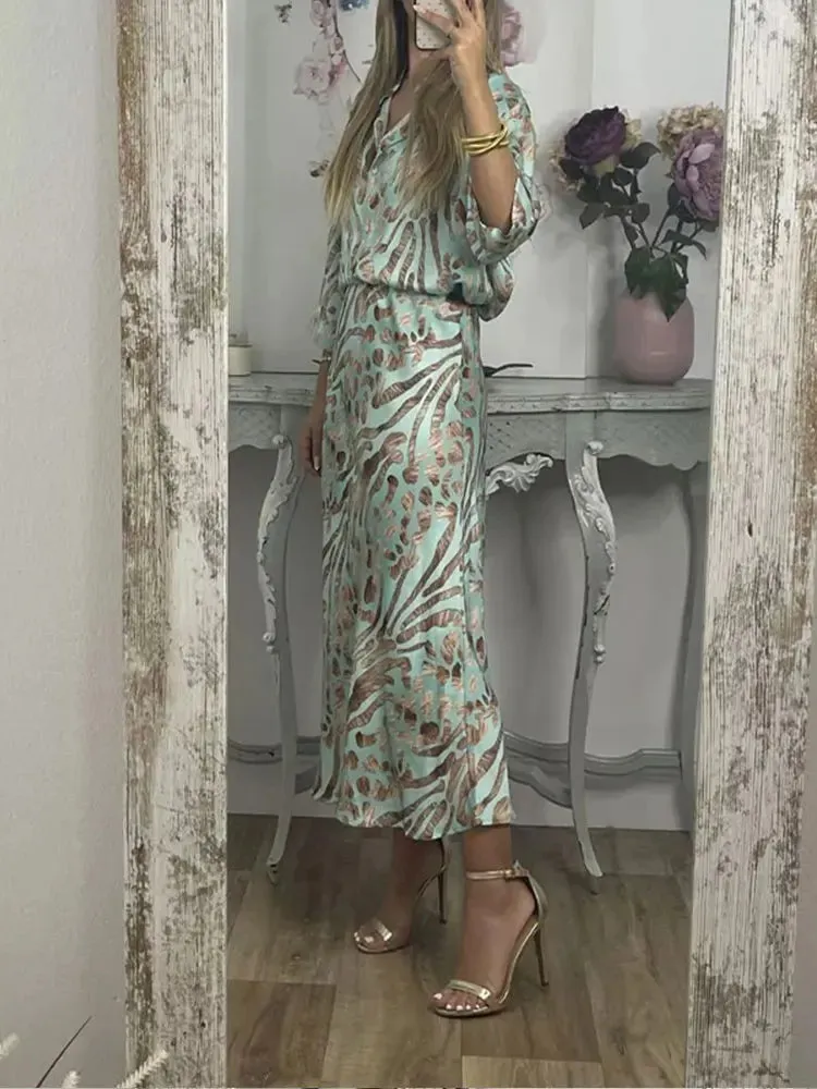 FLYTONN-Women Loose Print V-neck Short Sleeve Shirt 2pcs Set Lades Casual Elegant Midi Skirt Suits 2024 New Summer Women Fashion Outfits