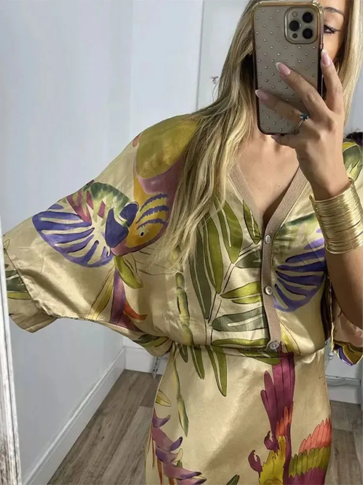 FLYTONN-Women Loose Print V-neck Short Sleeve Shirt 2pcs Set Lades Casual Elegant Midi Skirt Suits 2024 New Summer Women Fashion Outfits