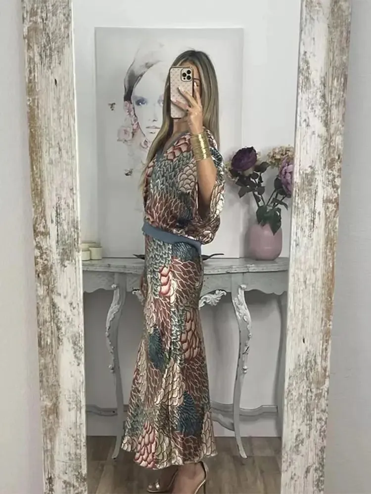 FLYTONN-Women Loose Print V-neck Short Sleeve Shirt 2pcs Set Lades Casual Elegant Midi Skirt Suits 2024 New Summer Women Fashion Outfits