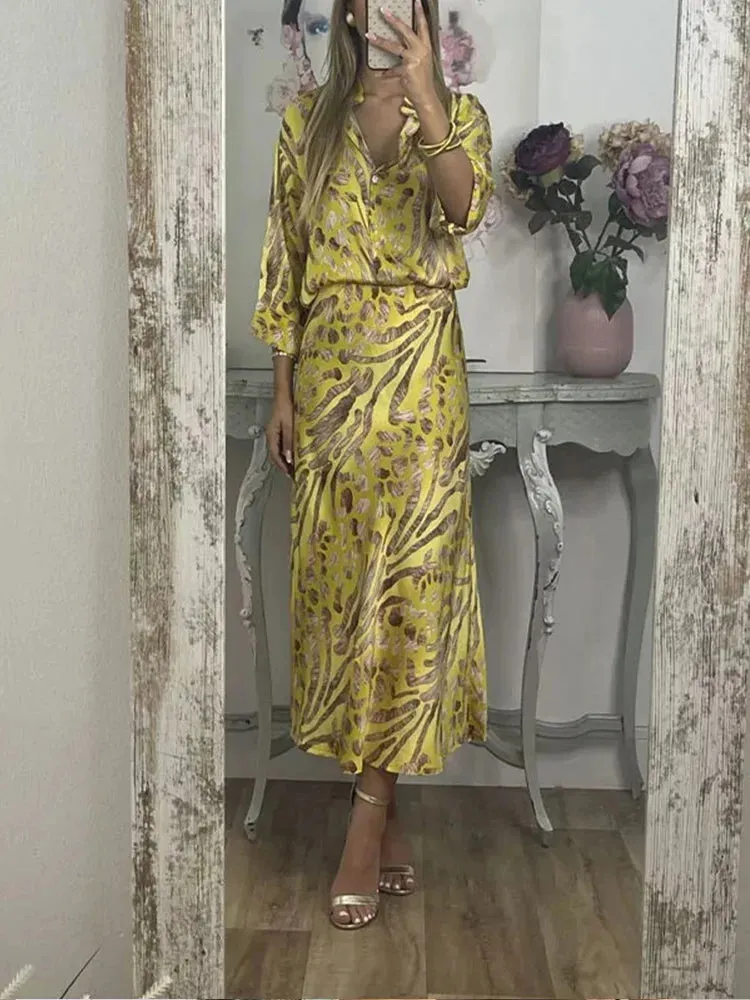 FLYTONN-Women Loose Print V-neck Short Sleeve Shirt 2pcs Set Lades Casual Elegant Midi Skirt Suits 2024 New Summer Women Fashion Outfits