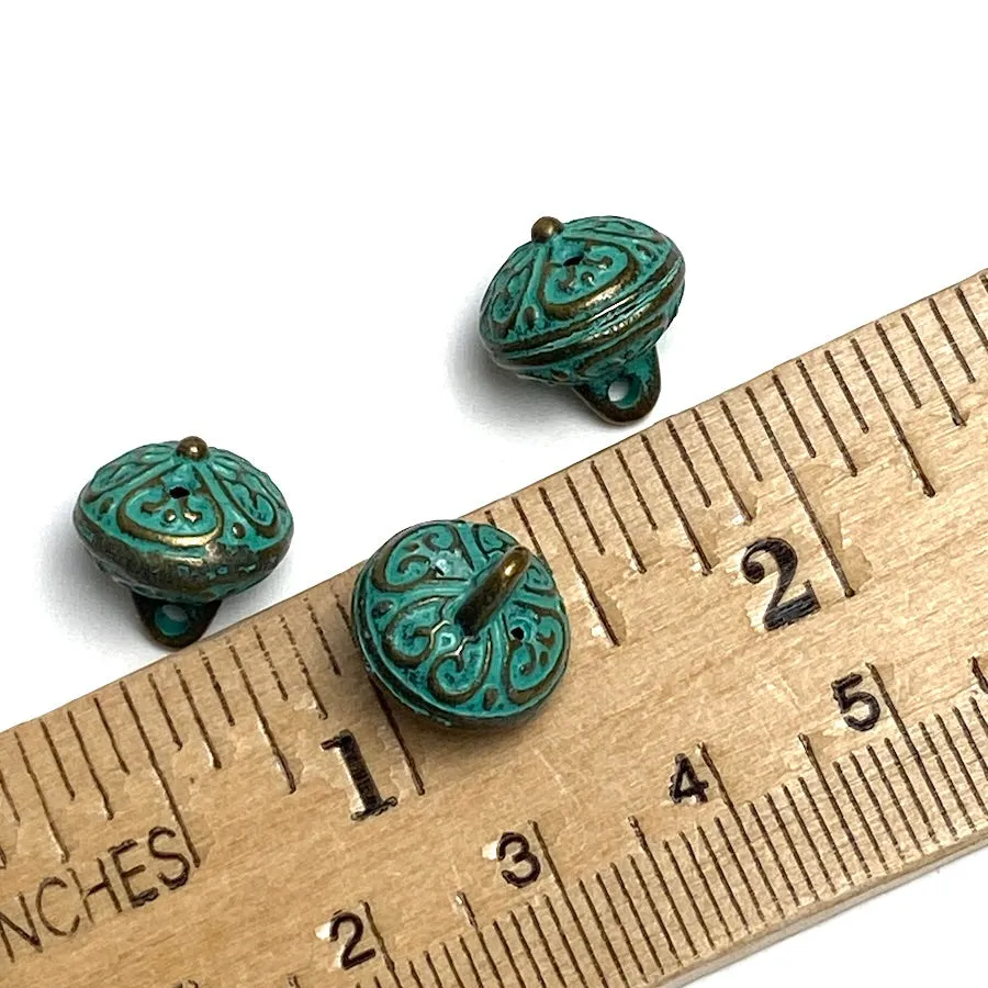 Green Patina/Brass, Bali Style Hollow Roundish Metal Charm/Button, 1/2",  Shank Back,  #L833