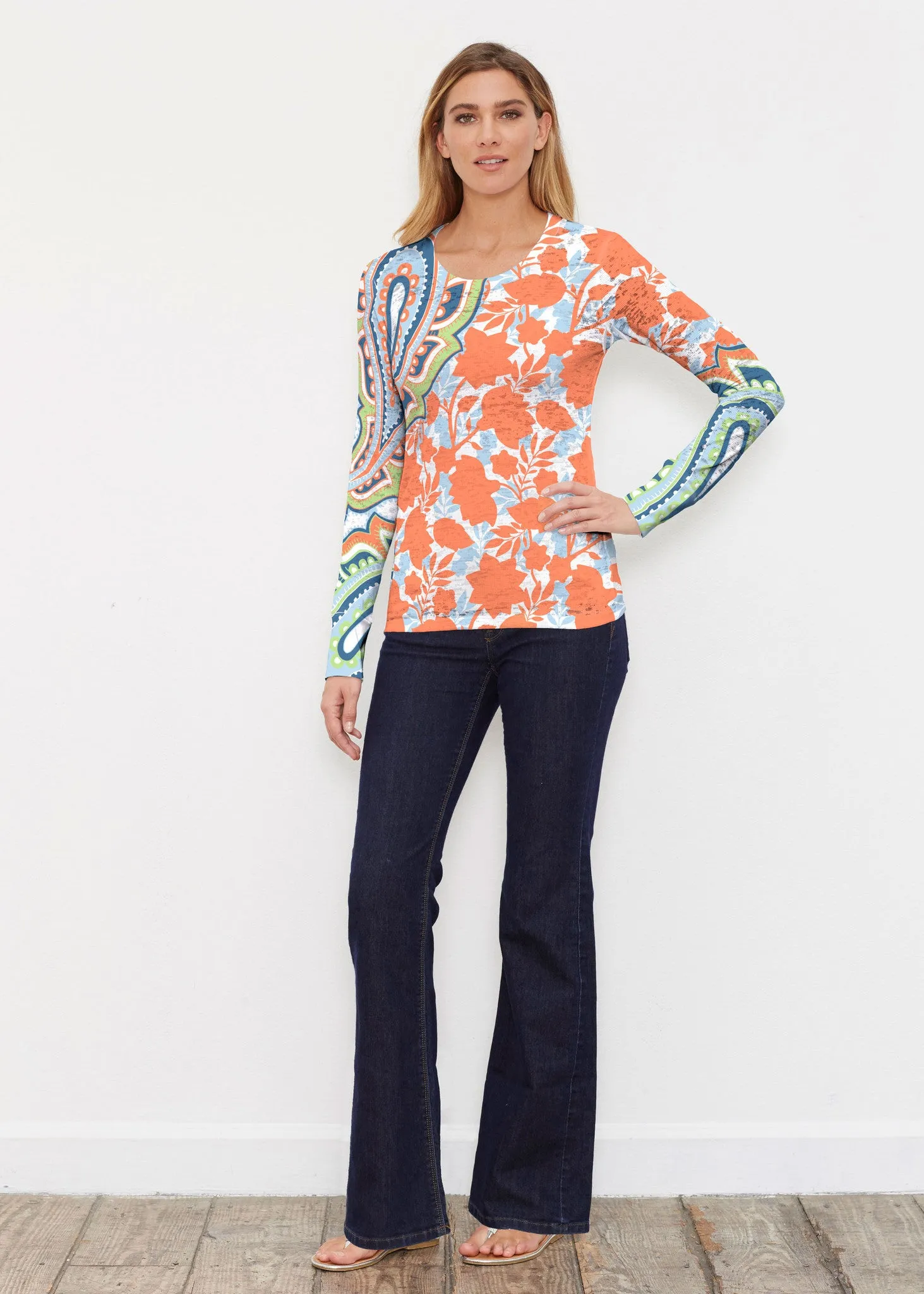 Harbor Paisley Orange (13237) ~ Thermal Long Sleeve Crew Shirt
