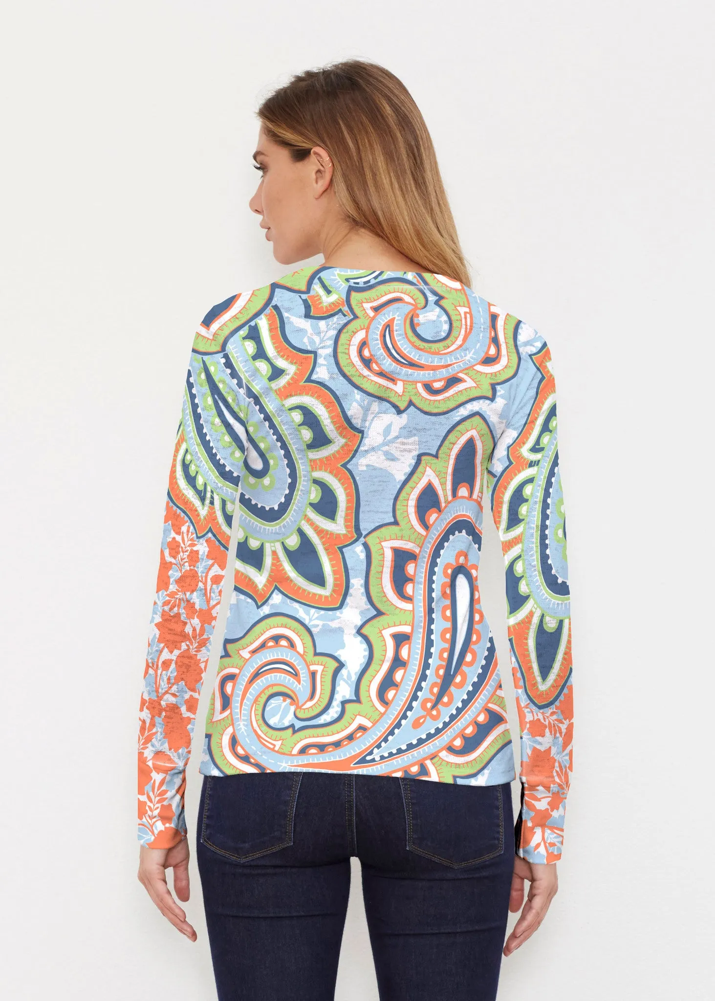 Harbor Paisley Orange (13237) ~ Thermal Long Sleeve Crew Shirt