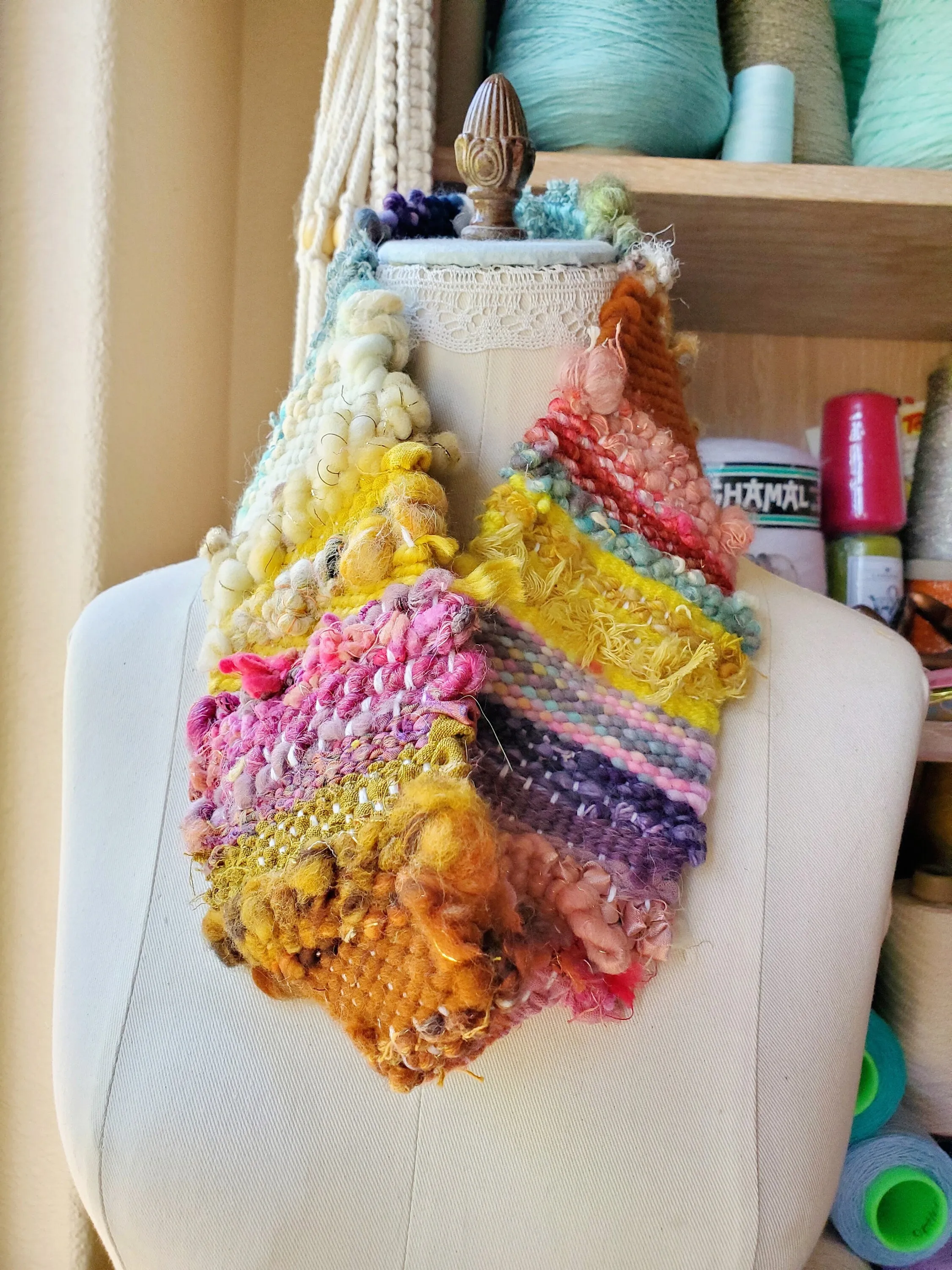 INFINITY SCARF 1, Handspun Art Yarn, Weaving and Fiber Arts, Scrap Yarn, Yarn, woven scarf