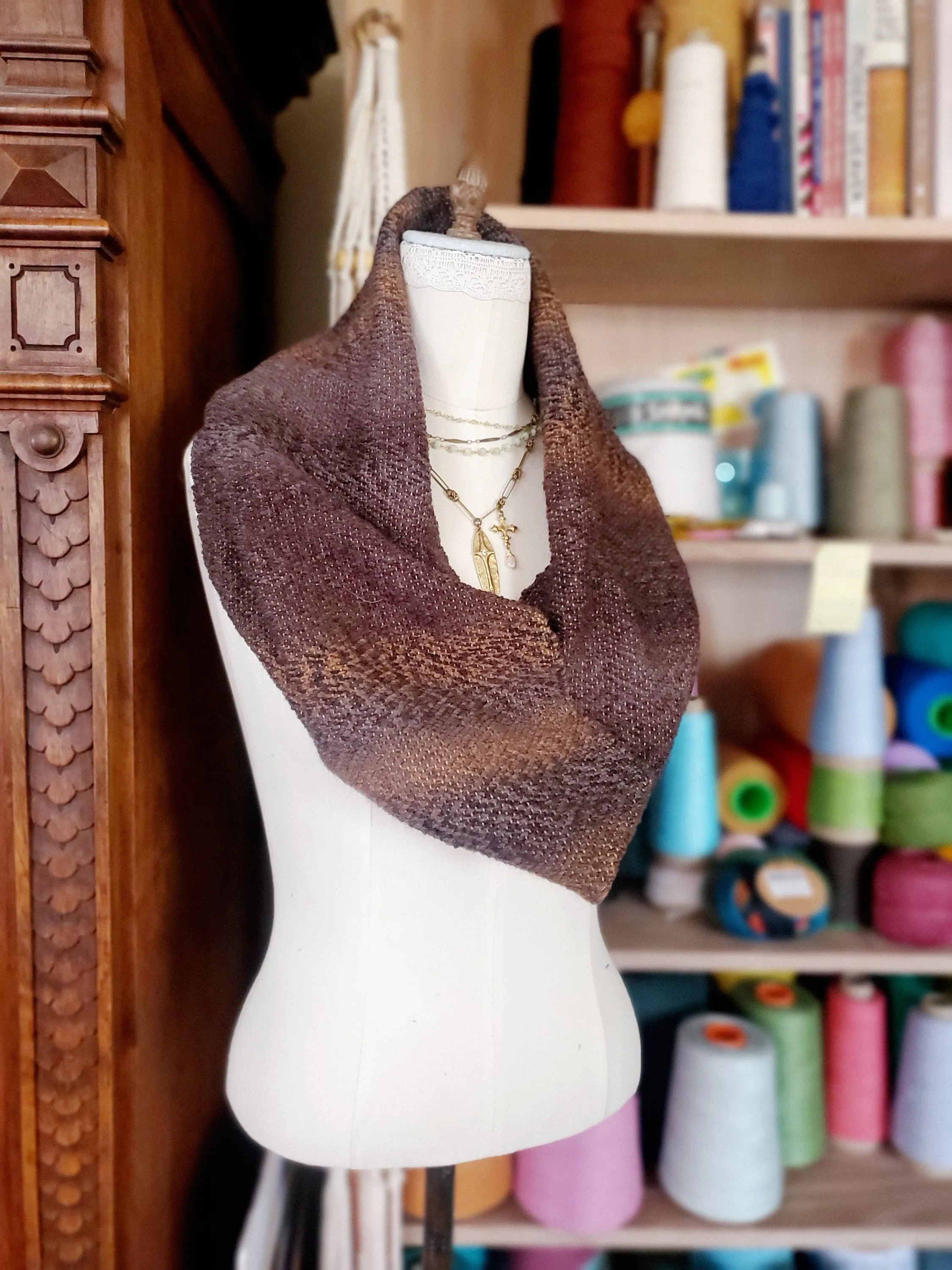 INFINITY SCARF (browns), Handspun Art Yarn, Weaving and Fiber Arts, Scrap Yarn, Yarn, woven scarf