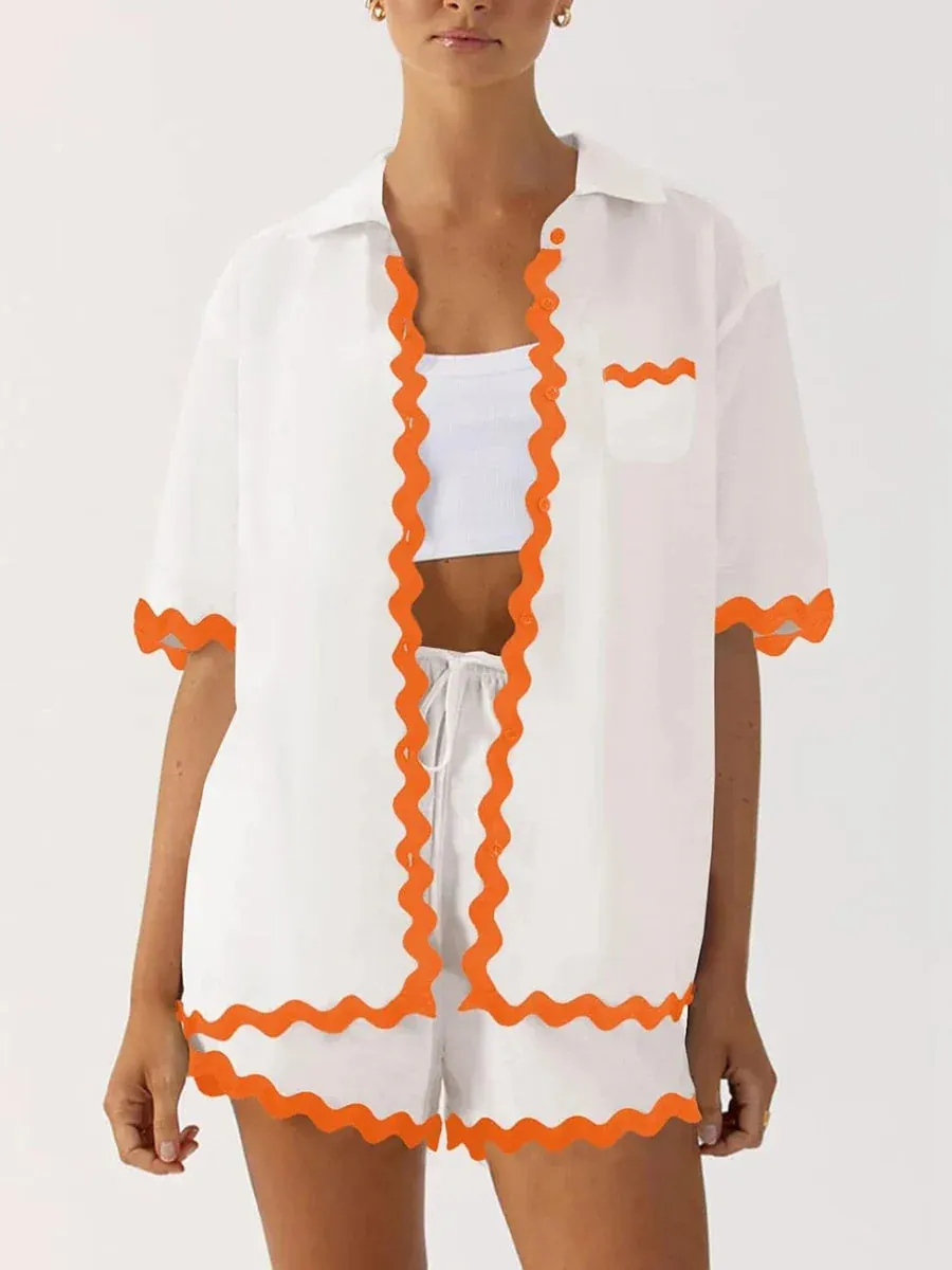 Neck Short Sleeve Button Down Ric Rac Elastic Waist Drawstring Summer Lapel Pajamas