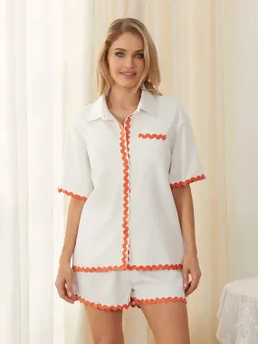 Neck Short Sleeve Button Down Ric Rac Elastic Waist Drawstring Summer Lapel Pajamas