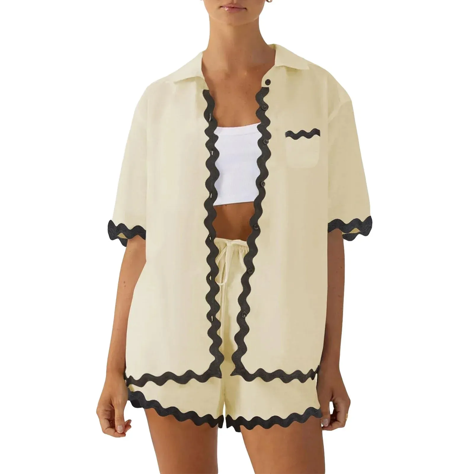 Neck Short Sleeve Button Down Ric Rac Elastic Waist Drawstring Summer Lapel Pajamas