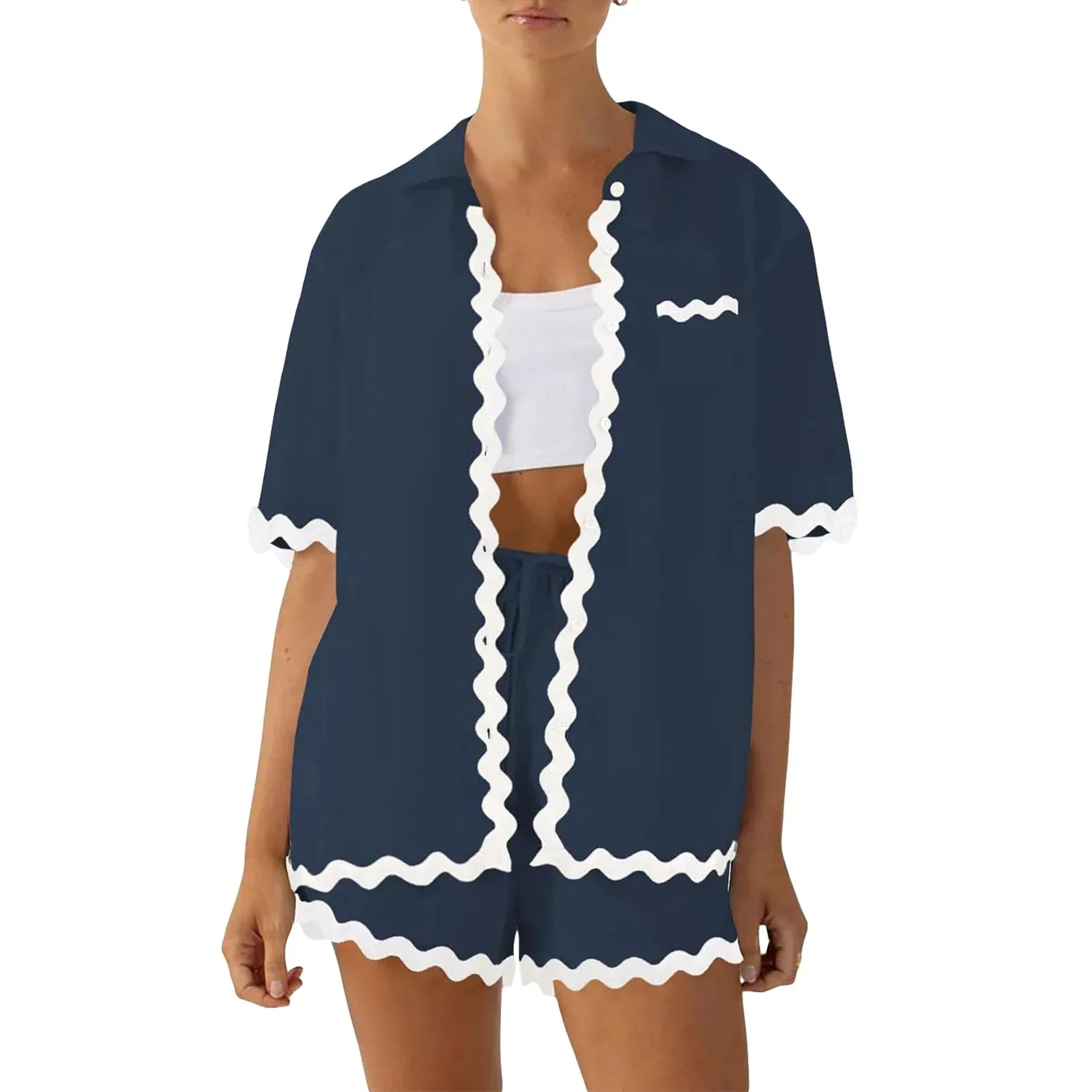 Neck Short Sleeve Button Down Ric Rac Elastic Waist Drawstring Summer Lapel Pajamas