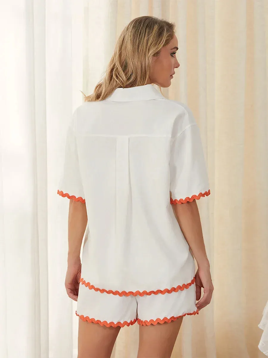 Neck Short Sleeve Button Down Ric Rac Elastic Waist Drawstring Summer Lapel Pajamas