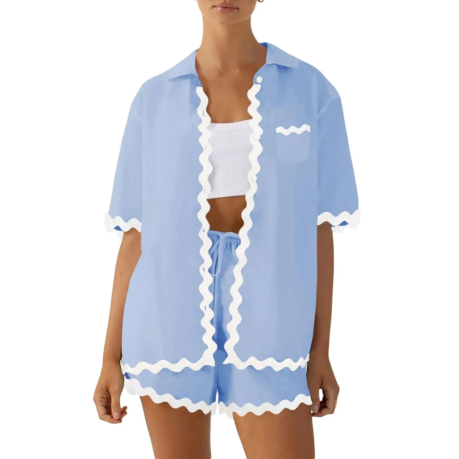 Neck Short Sleeve Button Down Ric Rac Elastic Waist Drawstring Summer Lapel Pajamas